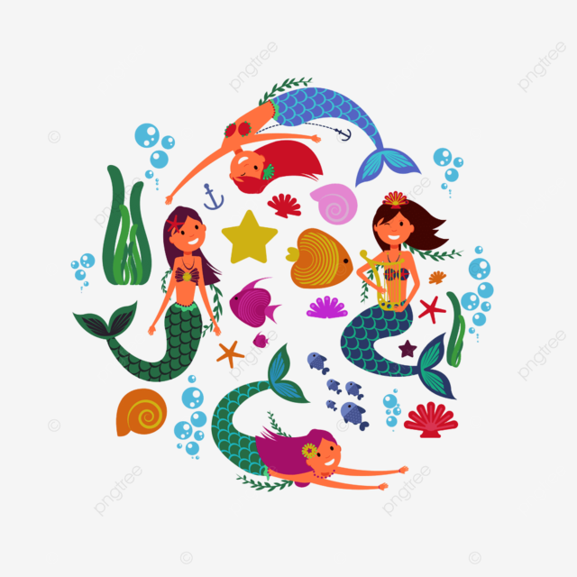 Sea animals underwater vector hd images cartoon swimming mermaids and sea underwater animals vector collection color cartoon fish png image for free download