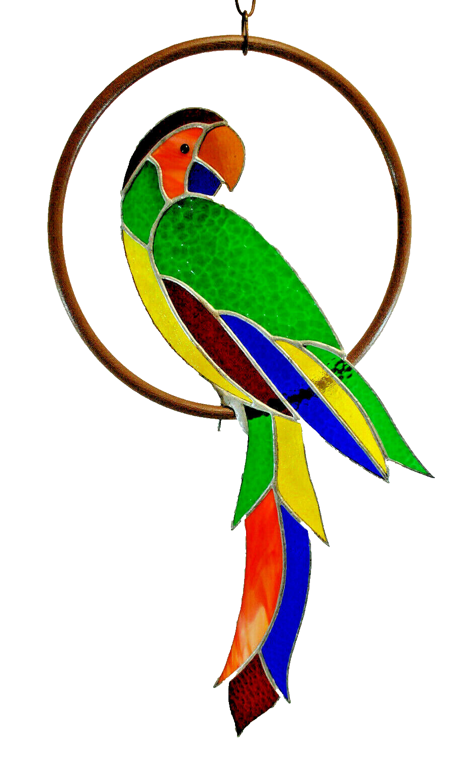 Stained glass macaw parrot sun catcher on a plastic ring handcrafted m