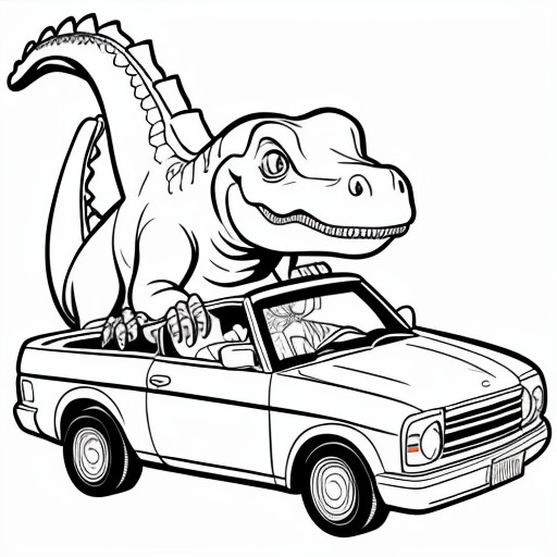 Dreamshaper prompt dinosaur in car for coloring book