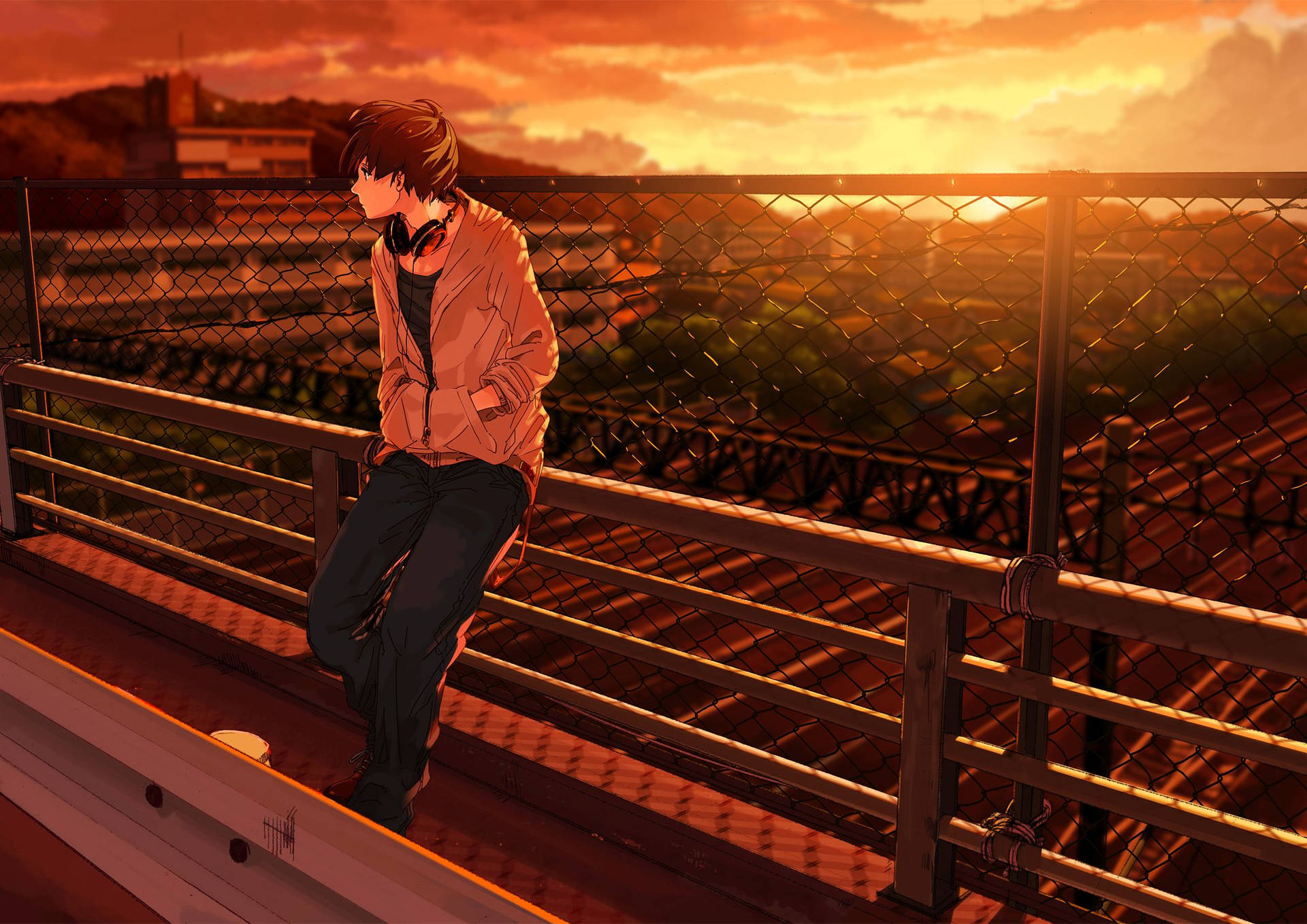 Download sad anime boy sunset wallpaper