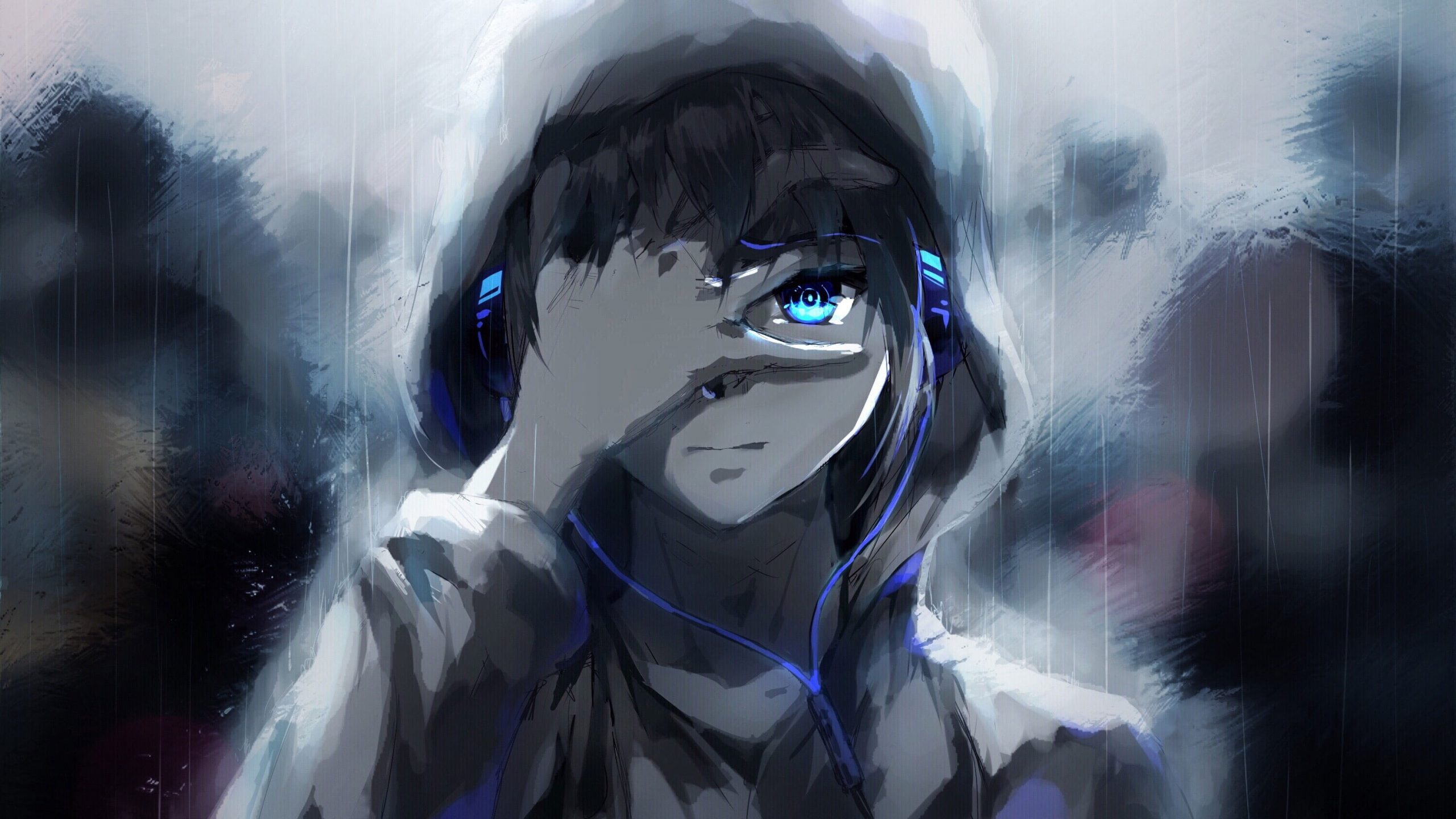 Anime boy wallpaper hoodie blue eyes headphones painting