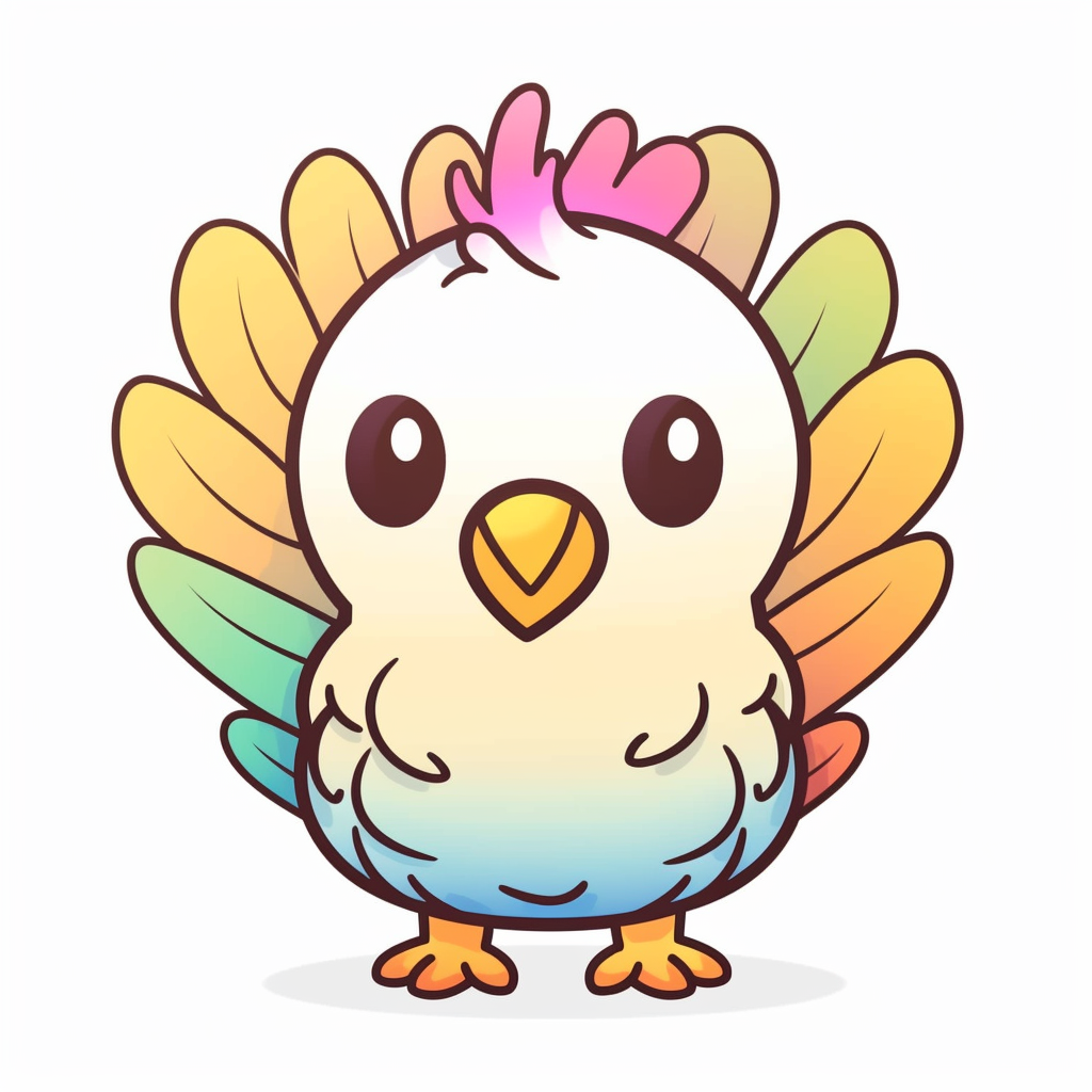 Cute kawaii clipart icon of a turkey colorful feathers full body friendly anime style in white background soft color blending rounded