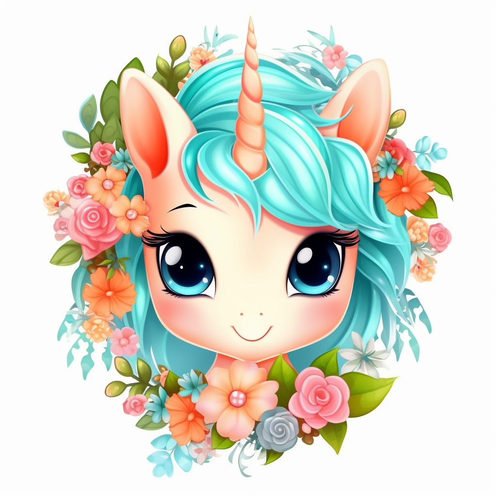 A unicorn made from cute floral flowers clipart in the style of kawaii aesthetic digital airbrushing junglecore k charming anime characters tondo white and cyan