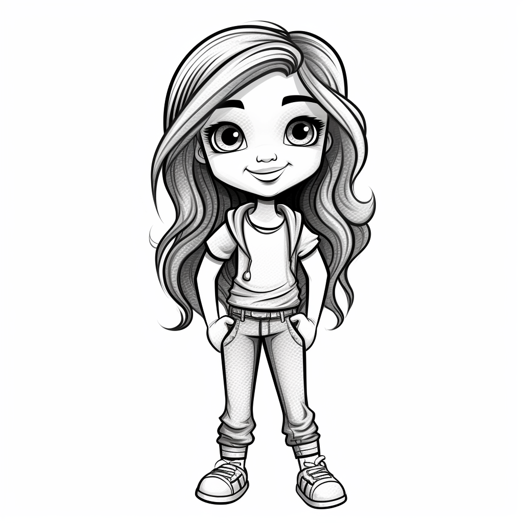 Girl doll style smiling black contour thin lines arms crossed jeans sneakers long disheveled hair cartoon clip art cute eyes illustration for kids disney