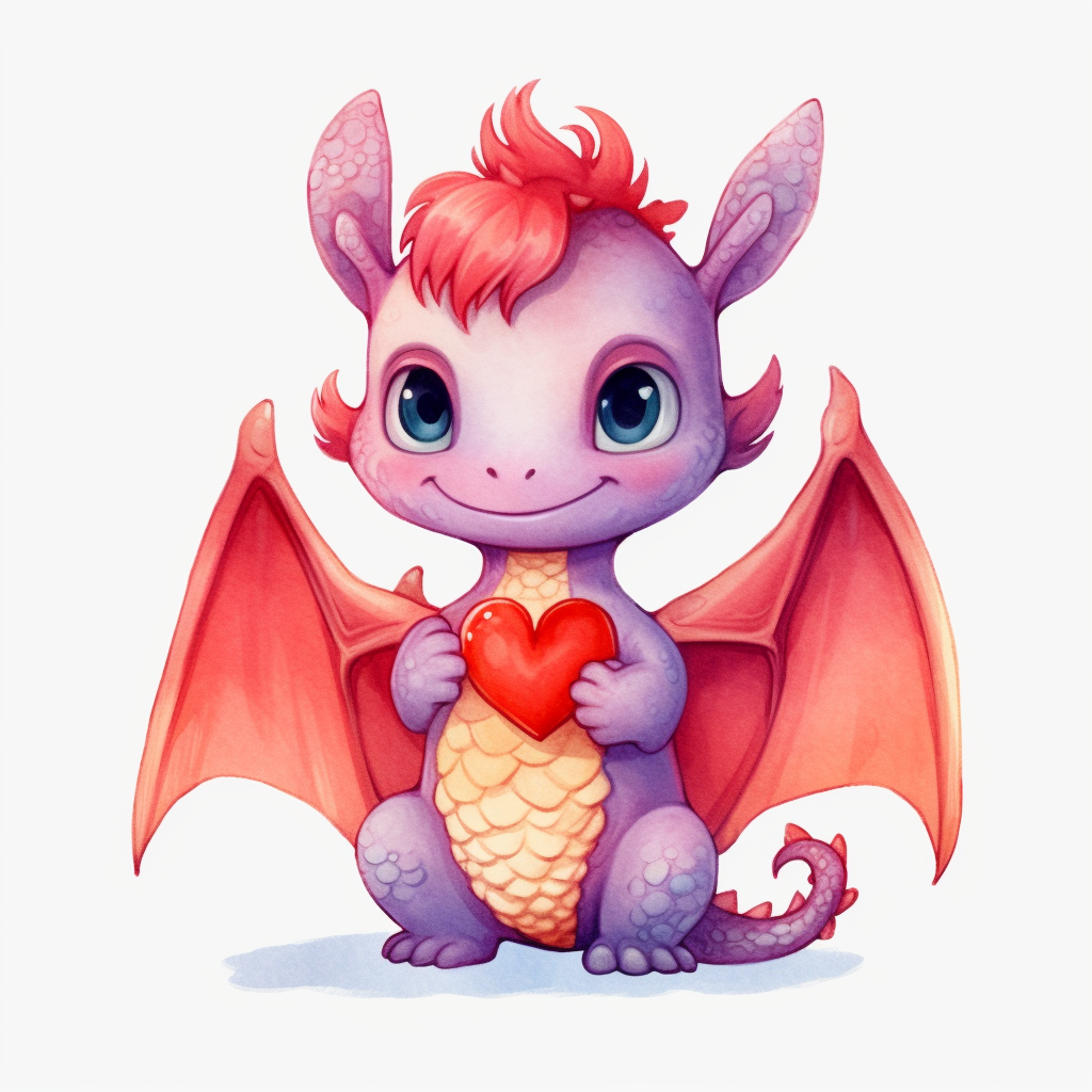 Watercolor cute dragon clipart adorable big eyes japan anime style red full body holding a lovely heart dancing happily on white background