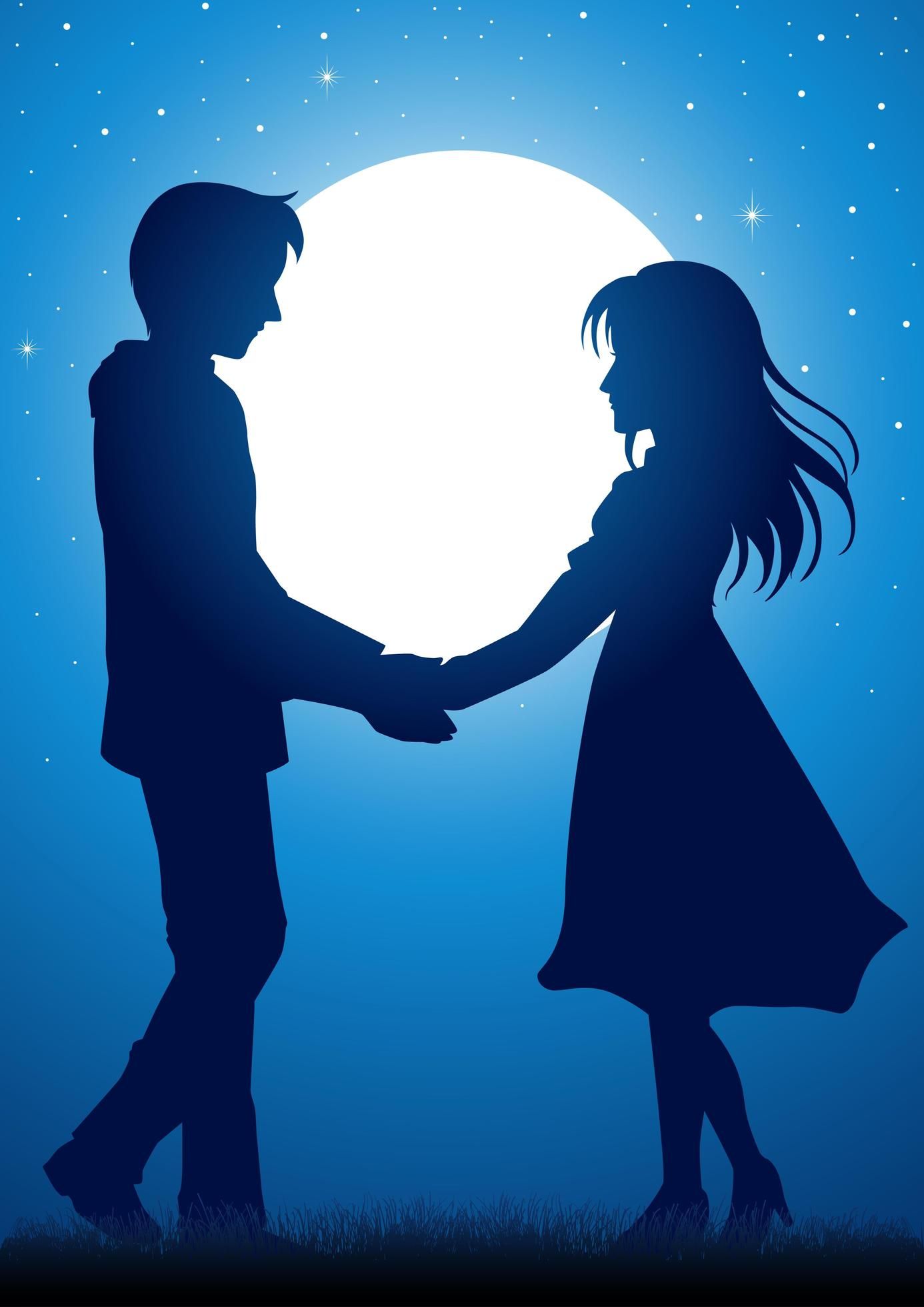 Young couple holding hands under the moonlight illustration luz de la luna pinturas romãnticas