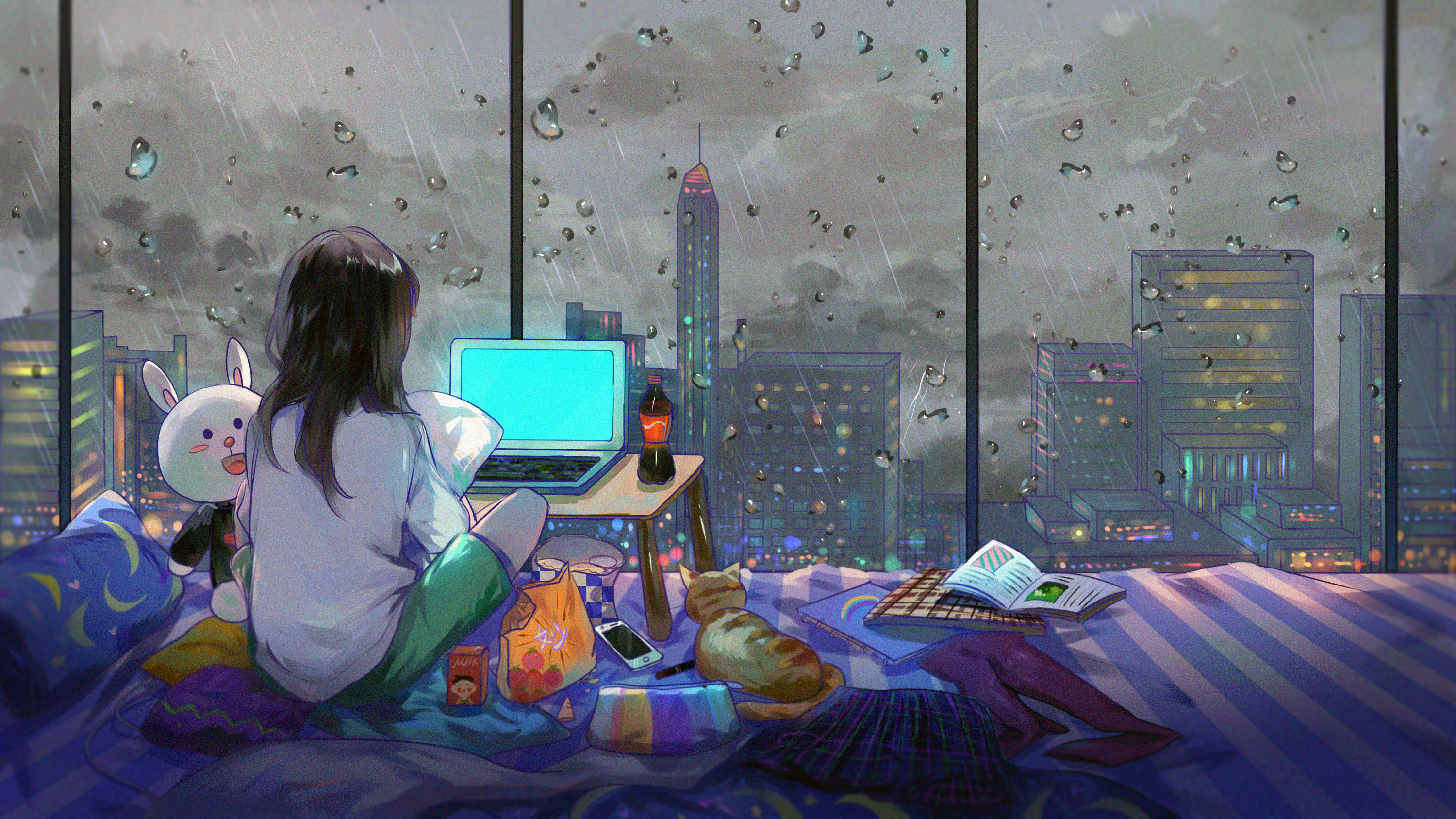 Anime girl room city cat hd anime k wallpapers images backgrounds photos and pictures