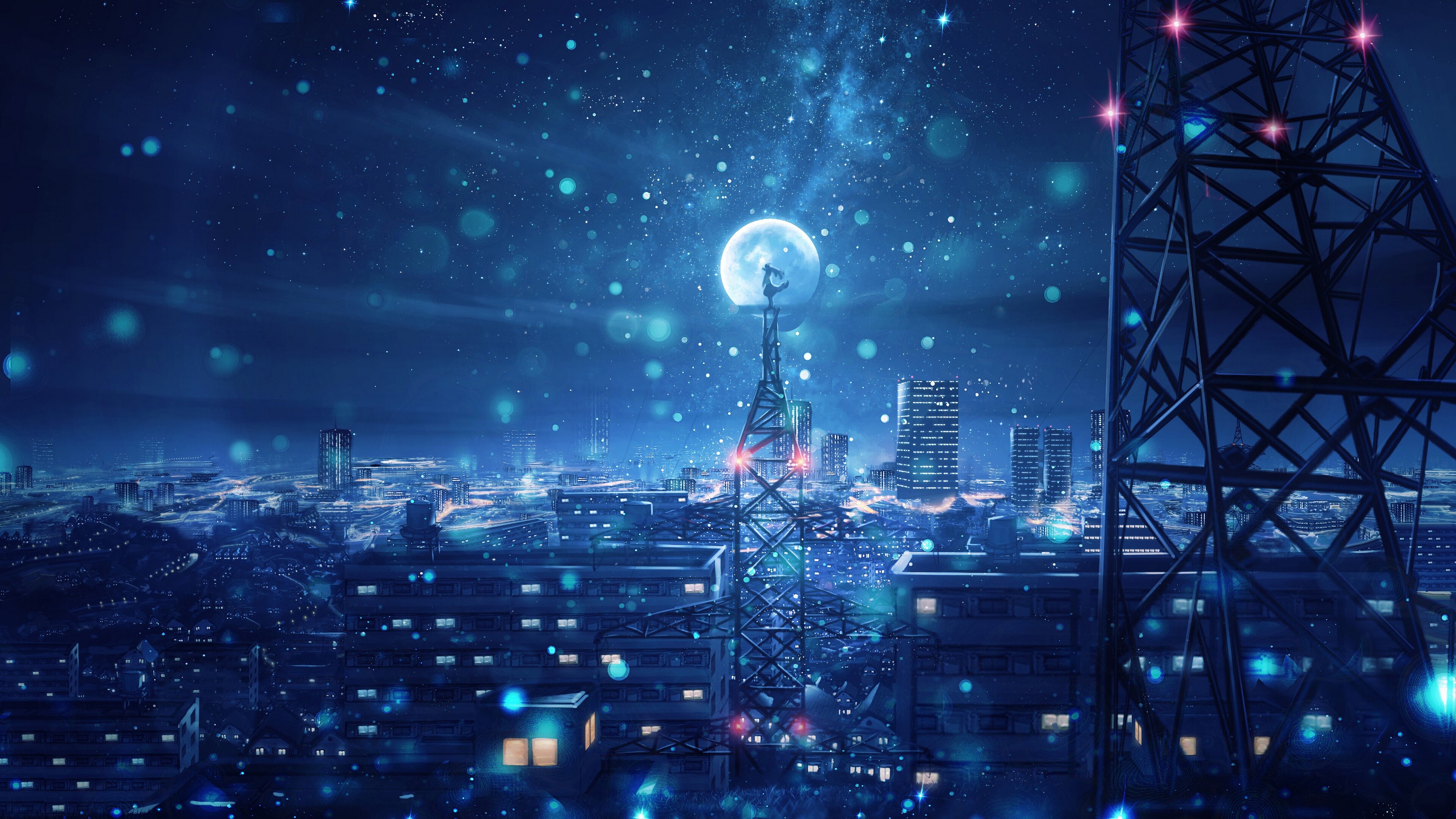 X blue night big moon anime scenery k k hd k wallpapers images backgrounds photos and pictures