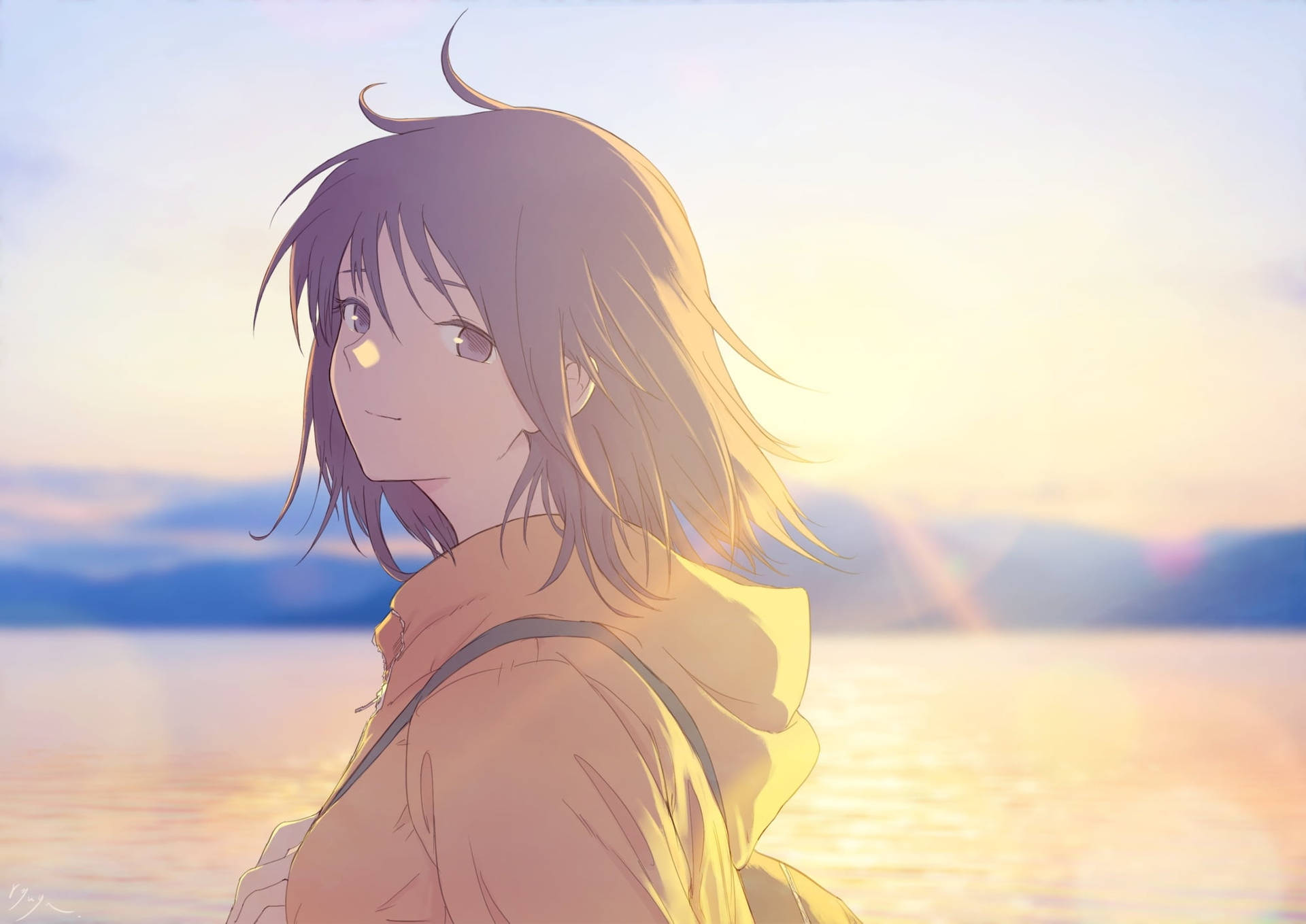 Download tomboy anime girl in yellow hoodie wallpaper