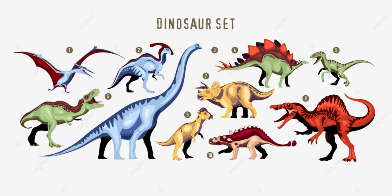 Jurassic period vector art png dinosaur colorful ten characters of extinct predator of jurassic period with designation isolated vector illustration pteranodon velociraptor tyrannosaurus png image for free download