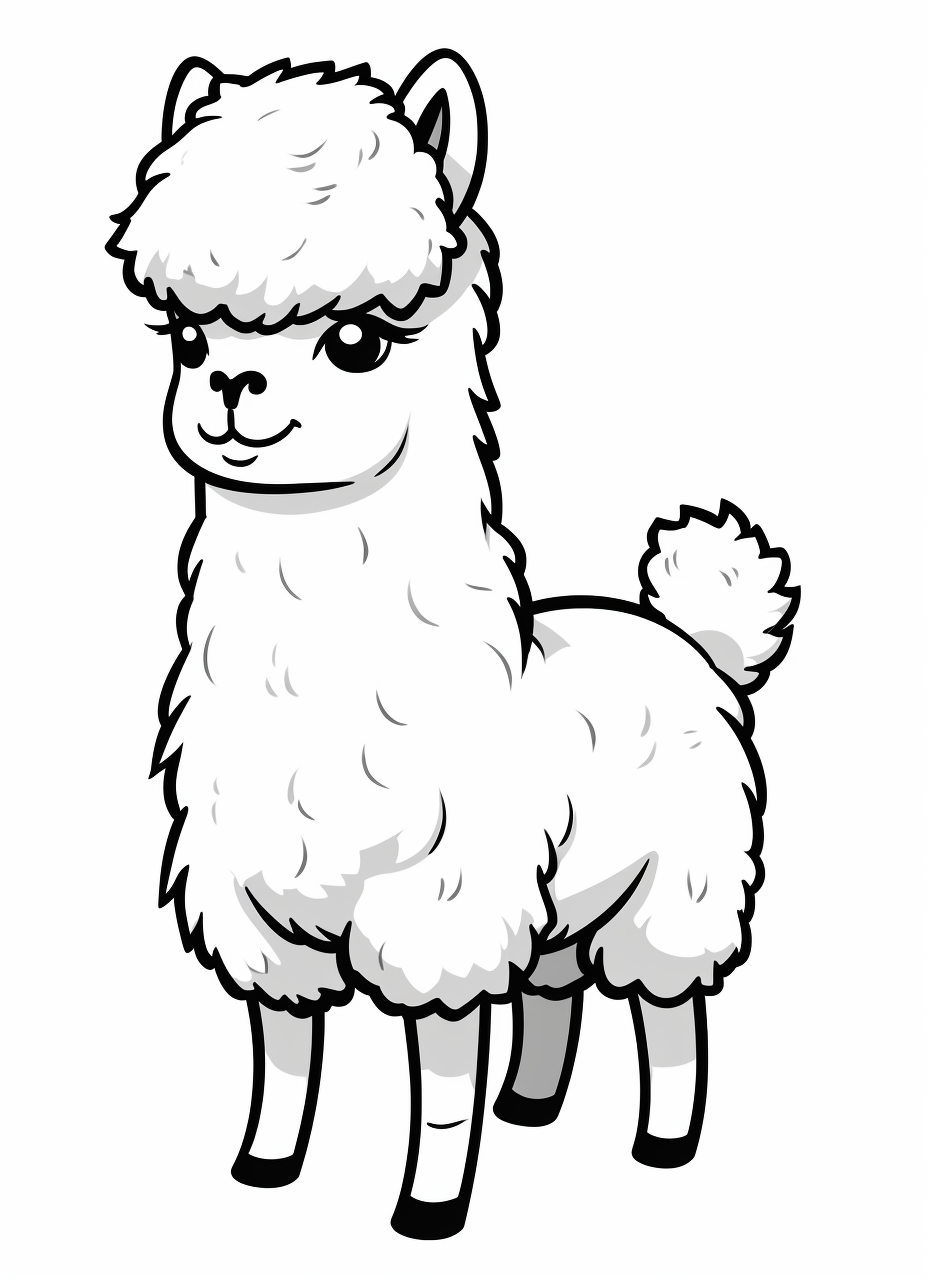 Cute kawaii funny white alpaca stand slightly oblique to the side sticker clipart simple single realism