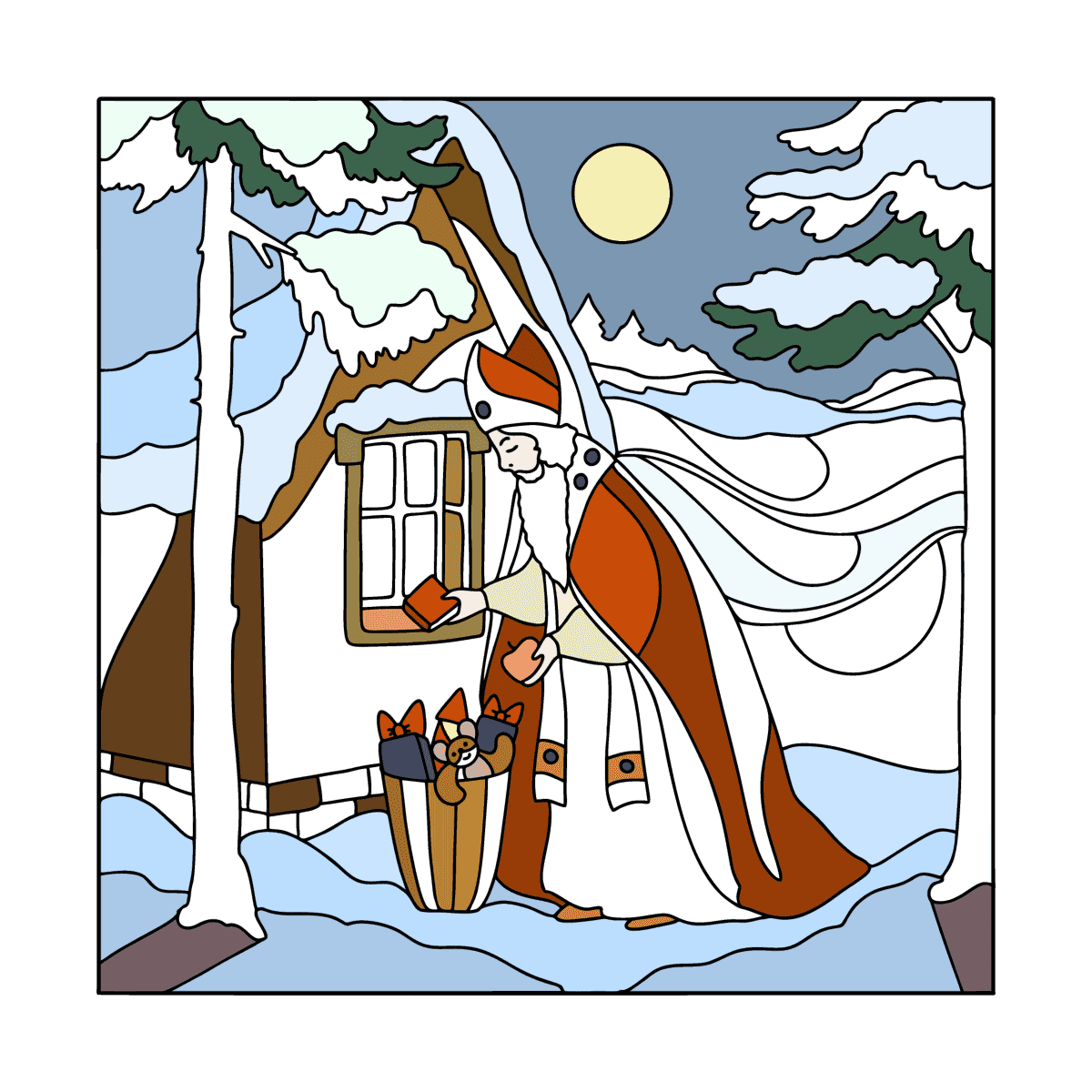 Coloriage saint nikolaus met des cadeaux sous la fenãªtre en ligne