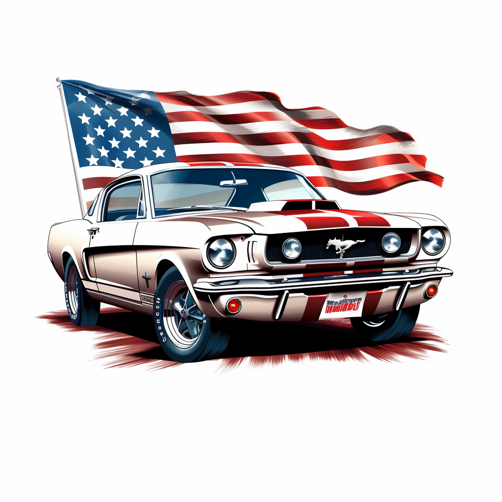 Classic mustang racing car clipart with usa flag white background vector art high resolutionultra realistic point of view