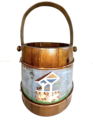 Vintage wooden bucket copper wire hand painted garden wishing well primitive