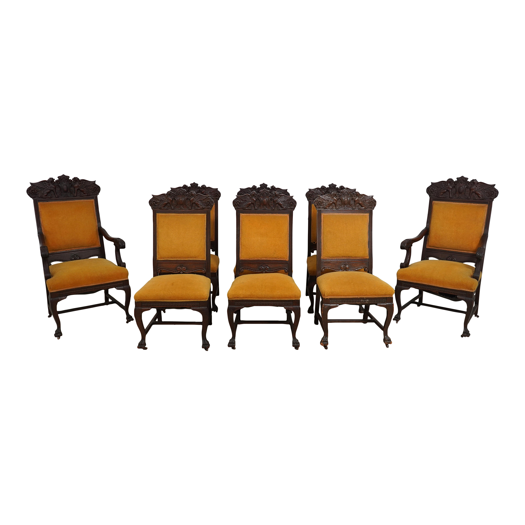 Set of rj horner carved griffin oak dining chairs