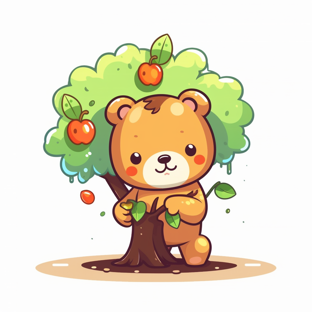 Clipart of a cute brown bear planting apple tree kawaii style full multicolor white background