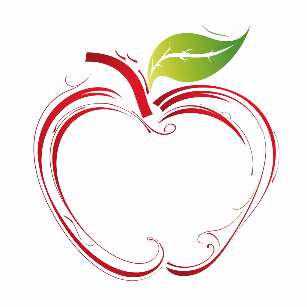 Decorative red outline of an apple with a stem and a single green leaf with flourishes white space for copy inside clipart isolated on a white background