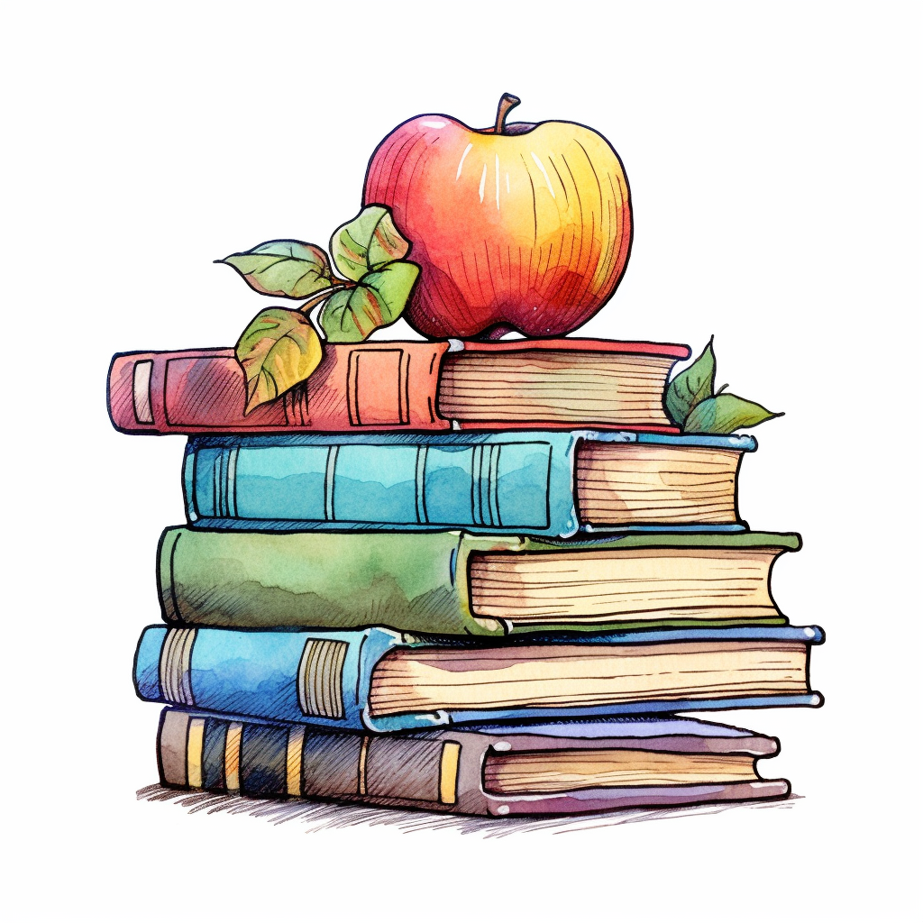 A stack of school books apple on top maple leaf style by lusy fleming folk art