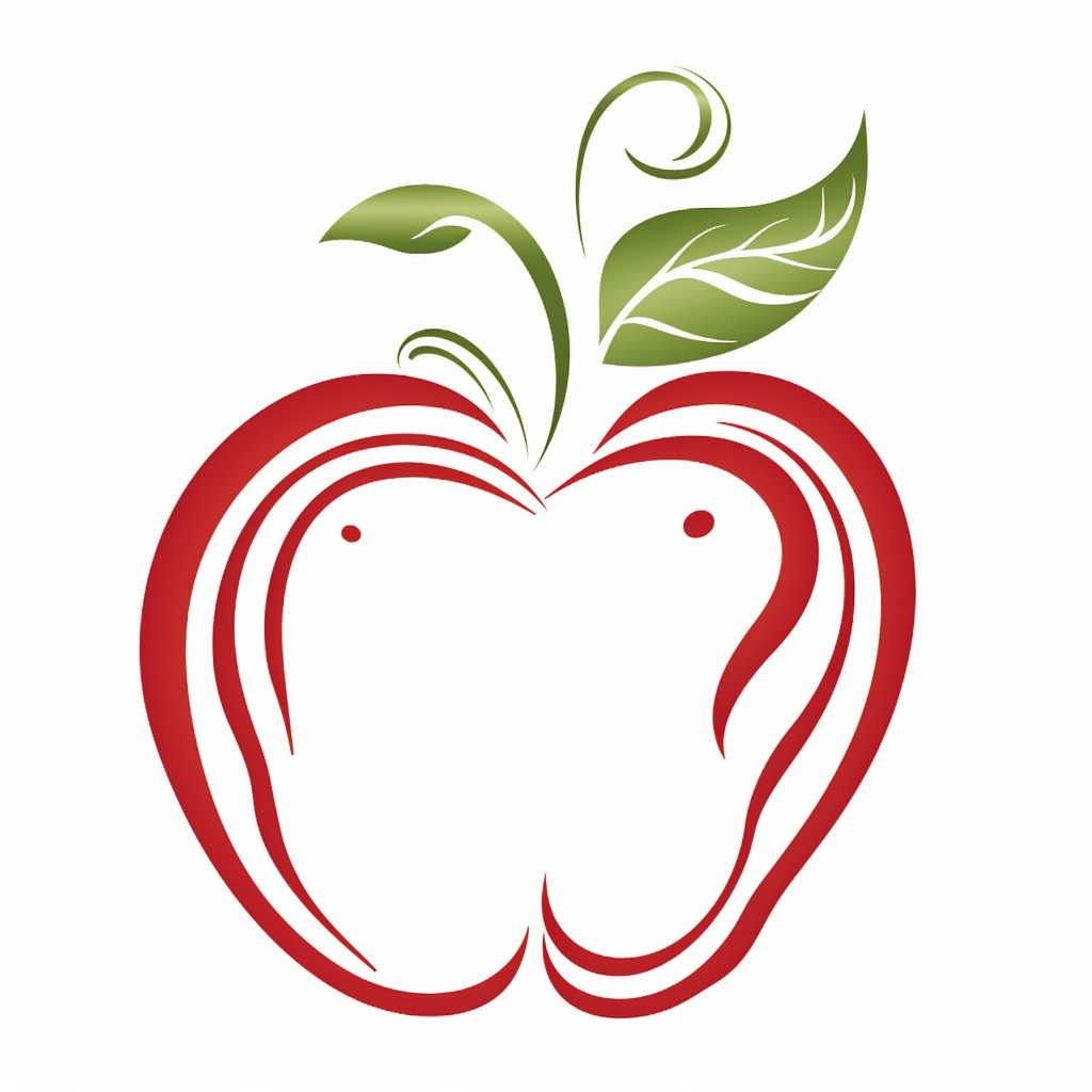 Decorative red outline of an apple with a stem and a single green leaf with flourishes clipart isolated on a white background