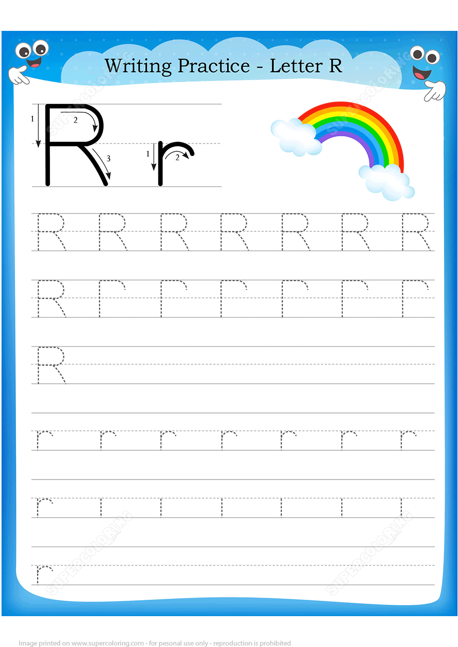Letter r is for rainbow handwriting practice worksheet free printable puzzle games in learning letters writing practice worksheets writing practice