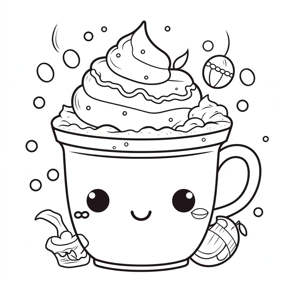 Kawaii icon hot chocolate with whip cream and cookie and cherry clipart coloring page black line white background