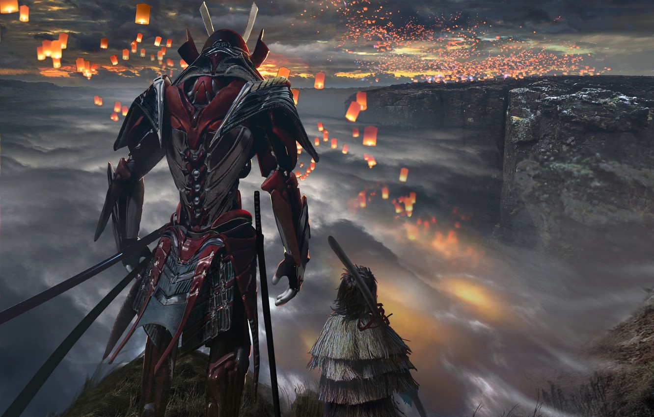 Wallpaper clouds warrior hill lanterns samurai armor images for desktop section ñðµðððµñððð