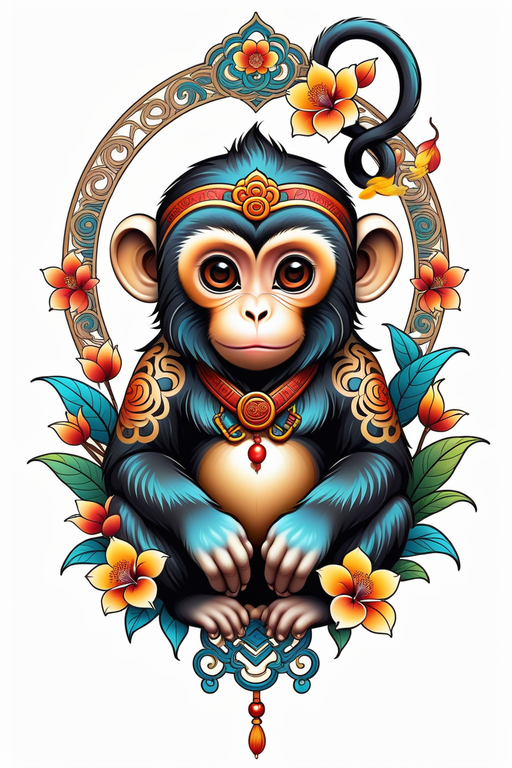 Tee shirt design a chinese style tattoo of a cute monkey by robert yao