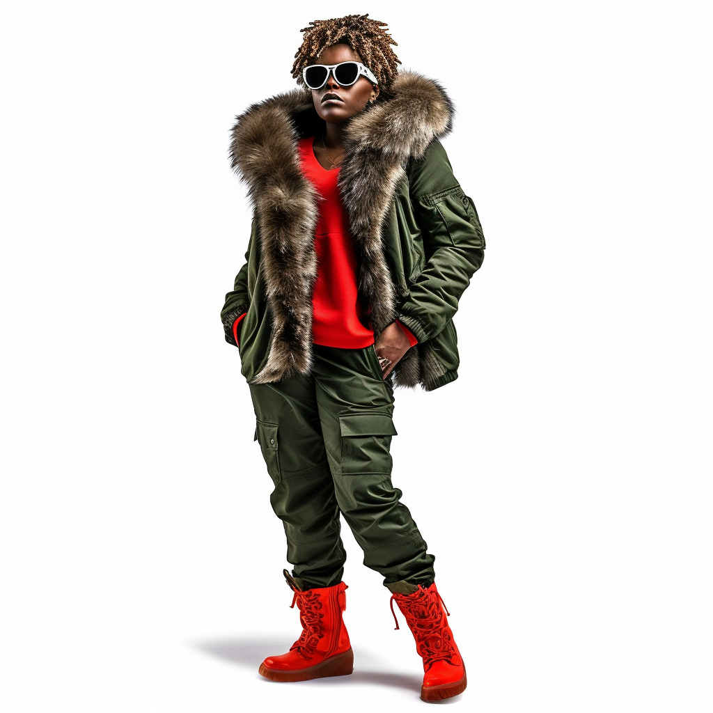 Clipart black woman model pose wearing red black green army style camouflage fatigues fur hood sweat suit white background