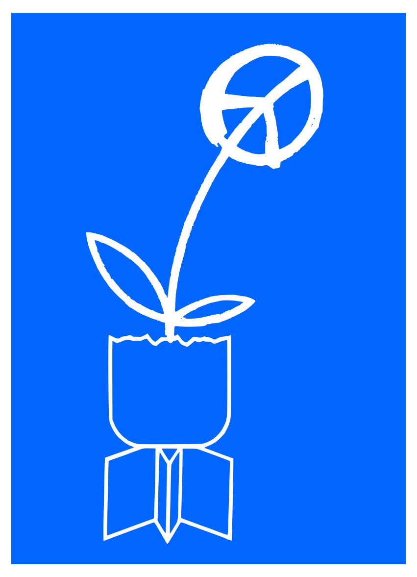 A blue and white drawing of a flower with a peace sign in the center clip art image