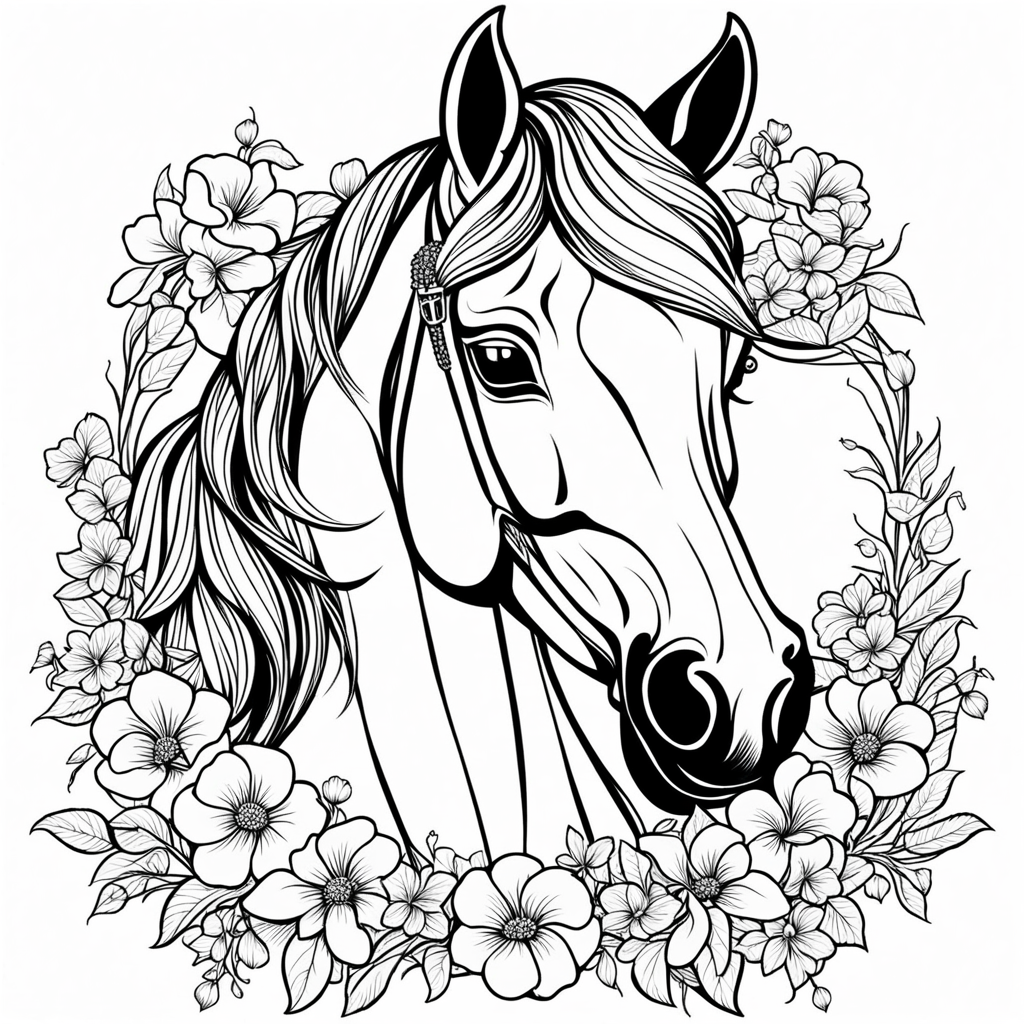 Cute horse line art black and white coloring book simple kids