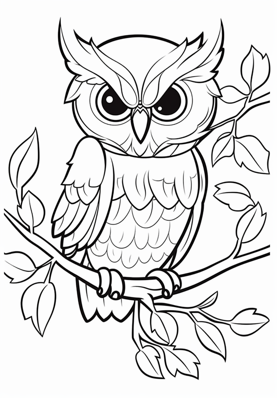 Simple and easy coloring page design coloring page for kids owl hopping from branch to branch