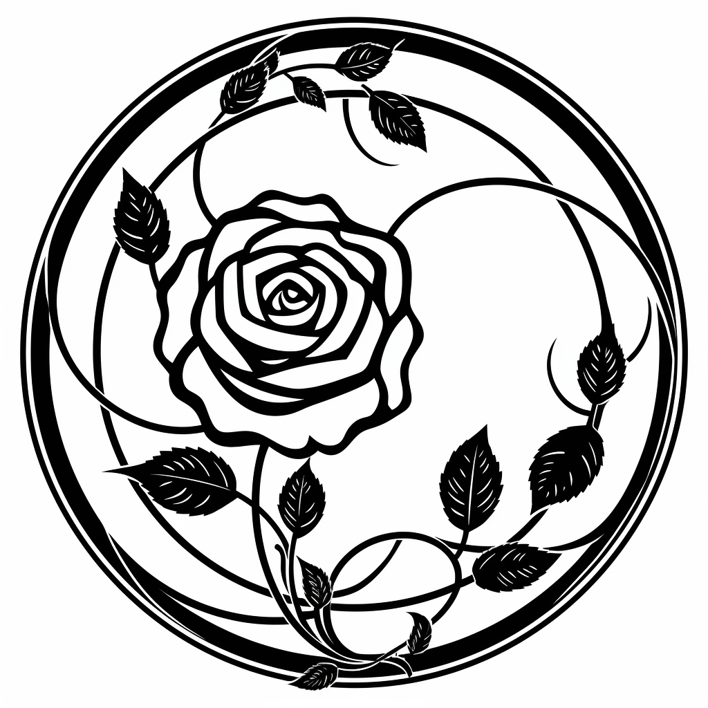 Left aligned bottom aligned quarter of a circle art nouveau style black lines detailed flat design flat rose flower white background black and white only simple design clipart style