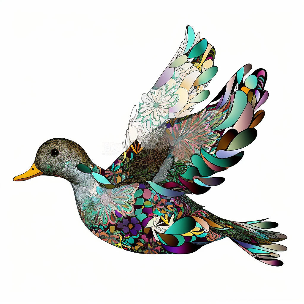 Psychedelic cute flying real flower duck art nouveau bright colours clipart centred white background