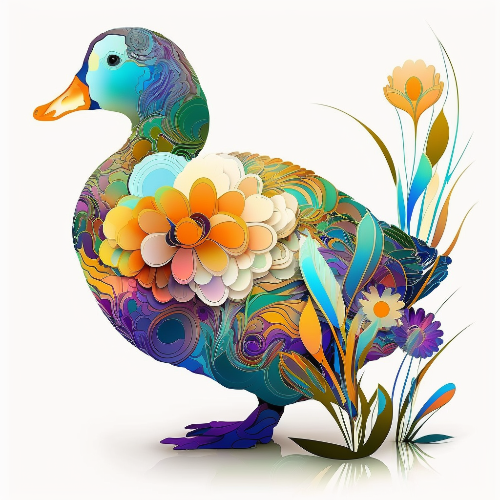 Psychedelic cute real flower duck art nouveau bright colours clipart centred white background