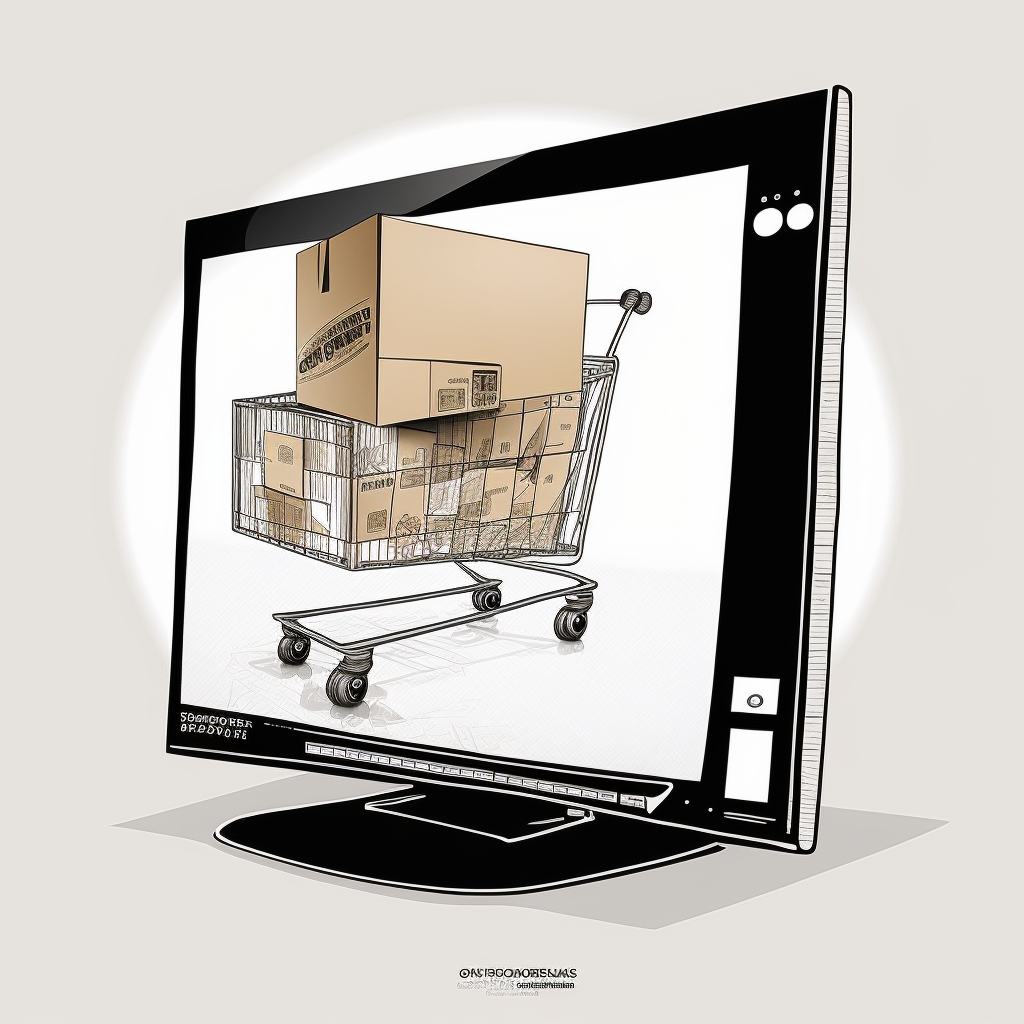 Website cart with packages black and white with puter monitor screen clipart style square with round edge color ba background