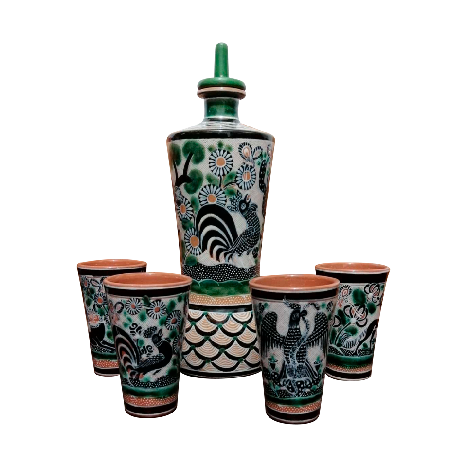 Juego licorera de barro con vasos decorada a mano mi tonala artesanias mexicanas en linea