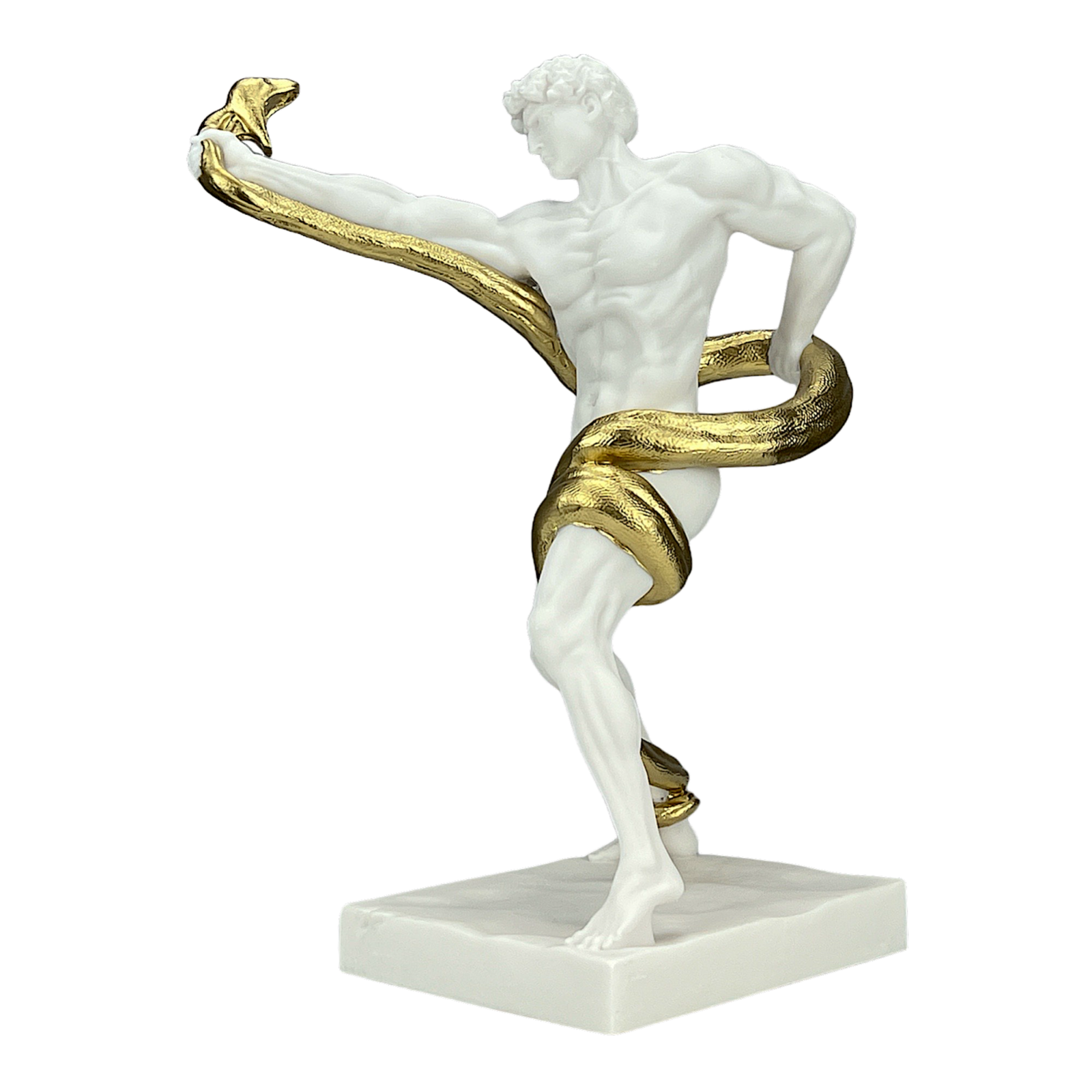 An athlete wrestling with a python man snake gold cast marble statue sculpture