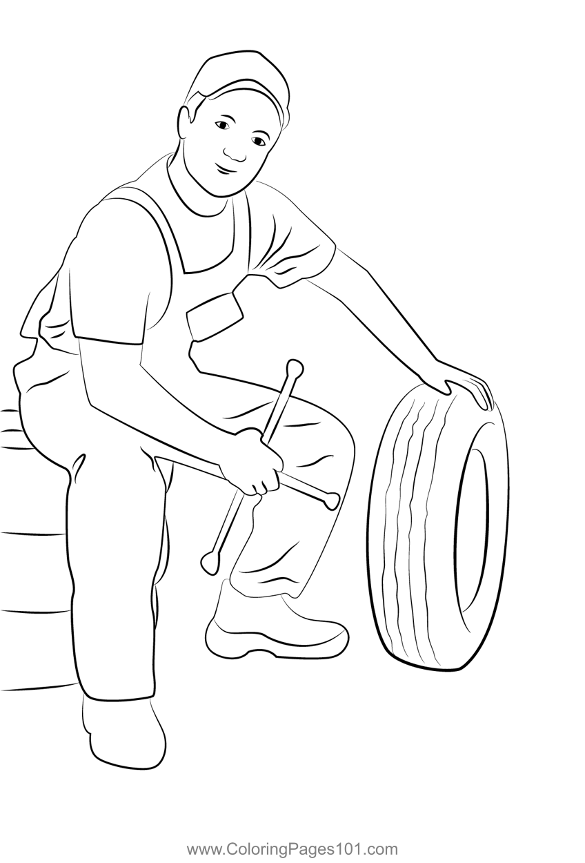 Car tyre repair coloring page for kids