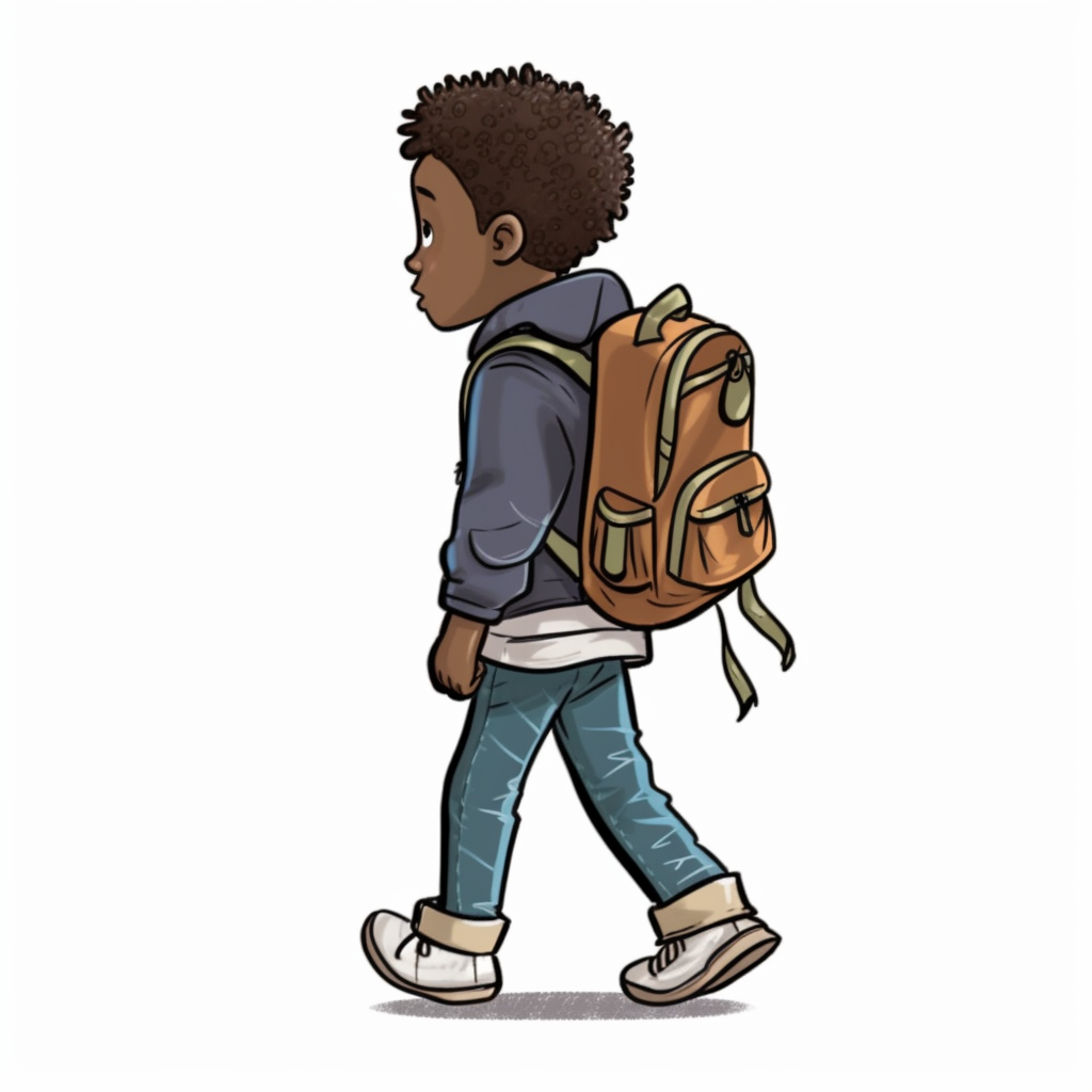 Create a clip art piece of a boy walking to school with a back pack a stark white background