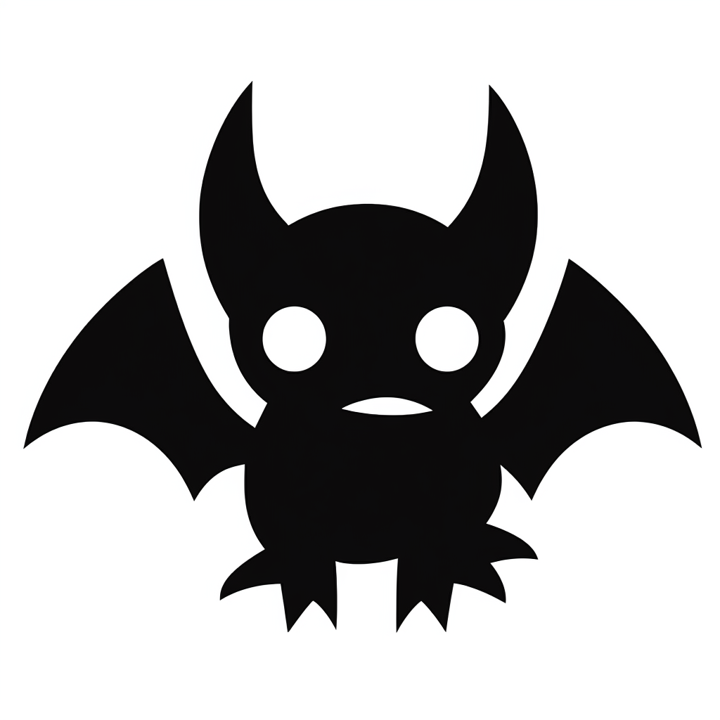 Black and white silhouette of a friendly halloween bat icon clipart style white background thick lines vector simple design flat colour solid colour