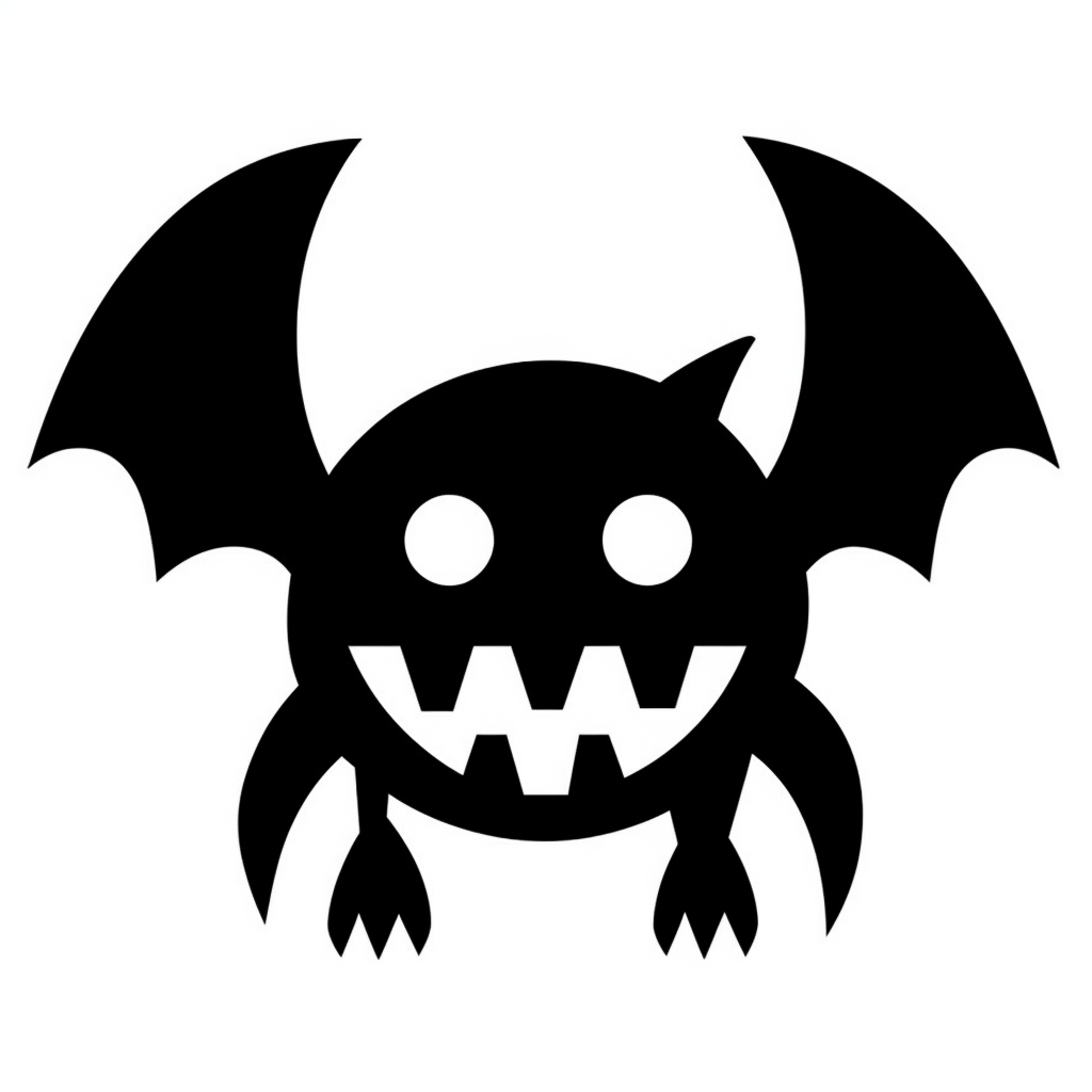 Black and white silhouette of a friendly halloween bat icon clipart style white background thick lines vector simple design flat colour solid colour