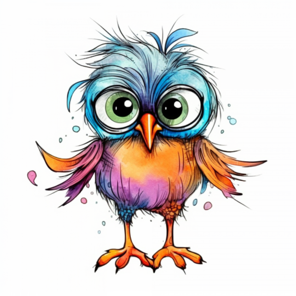 Funny colorful cartoon bird like a pompon clipart with big beautiful eyes and long beautiful legs distinct fine details watercolor technique black contour lines