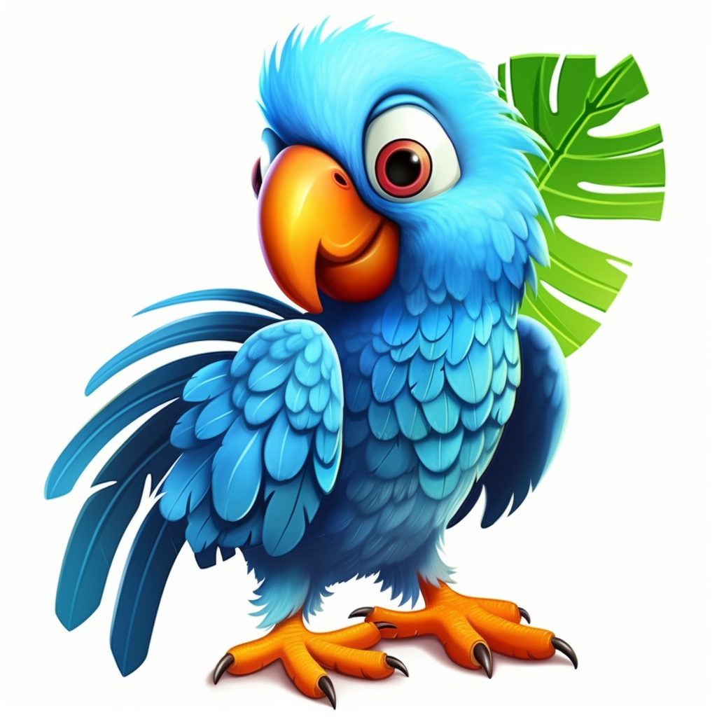 A cartoon like blue parrot with an orange beak big blue eyes full body full of