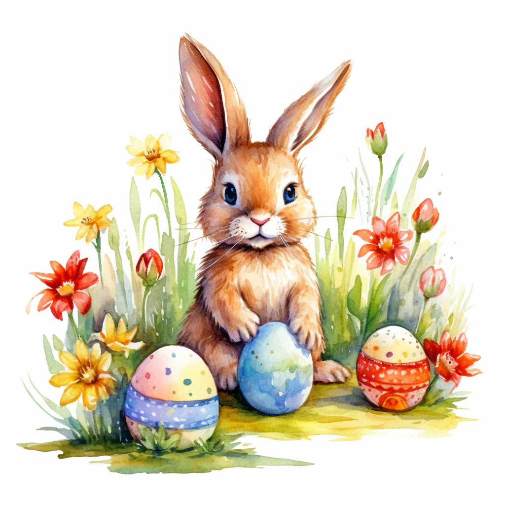 Clipart isolated on white background watercolor bunny and colorful eggs and kulich and easter plant easter style detailed flowers ornated vivid and vibrant and saturated colors