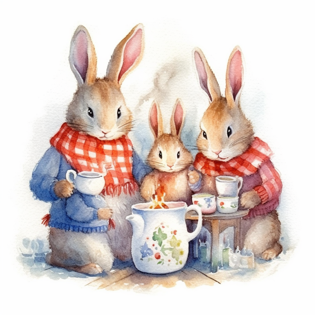 Charming family of bunnies mom and dad kids christmas morning in their cosy homy festive decor and mood fireplace hot chocolates ornamental watercolor clipart