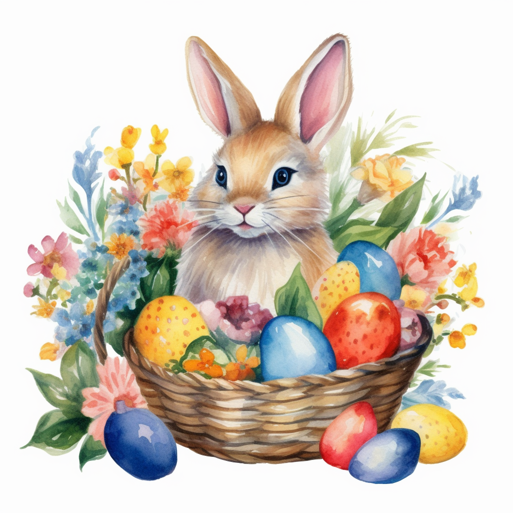 Clipart isolated on white background watercolor bunny and batterflies and colorful eggs easter style detailed flowers ornated vivid and vibrant and saturated colors