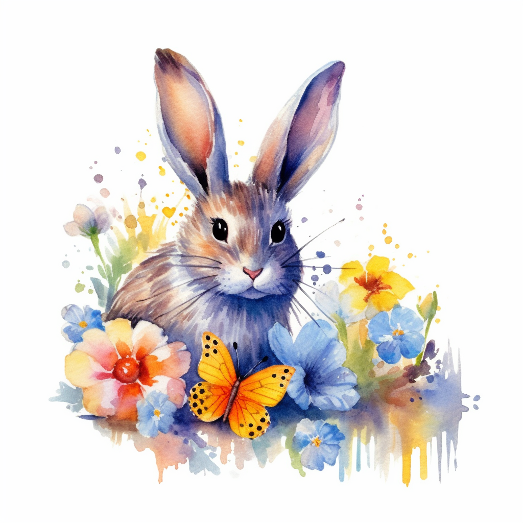 Clipart isolated on white background watercolor bunny and batterflies and colorful eggs easter style detailed flowers ornated vivid and vibrant and saturated colors