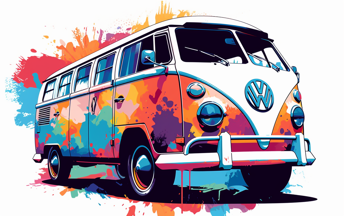 Clip art of a vw bus decorated s style in synthwave style colourfull multicolour ultra details white background