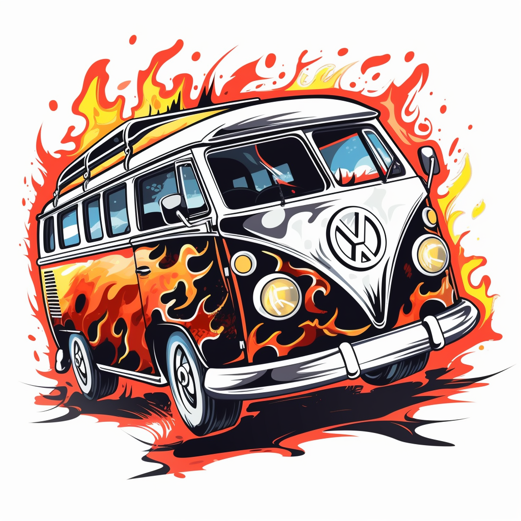 Clip art style of a vw black bus surrounded by flames on a white background