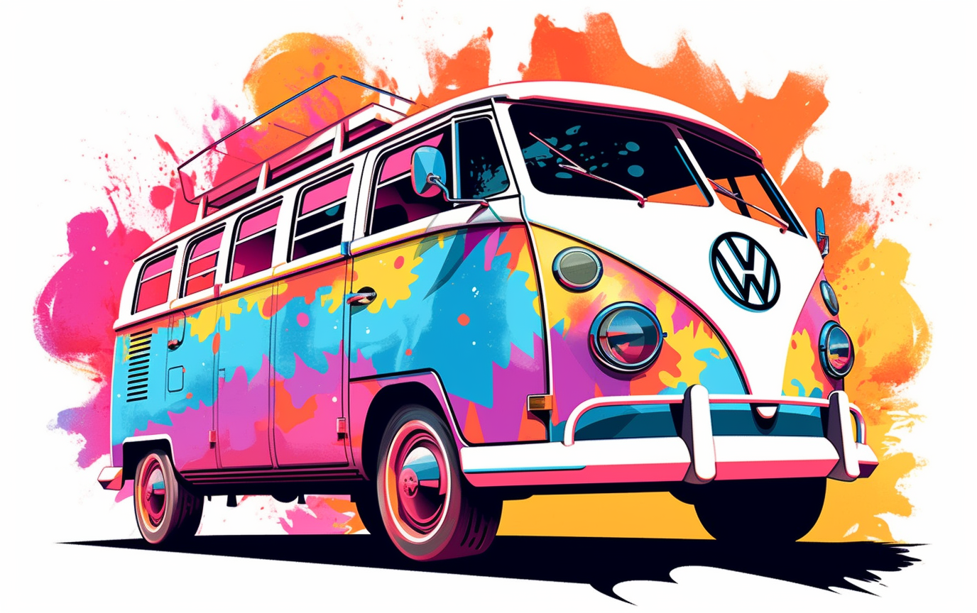 Clip art of a vw bus decorated s style in synthwave style colourfull multicolour ultra details white background